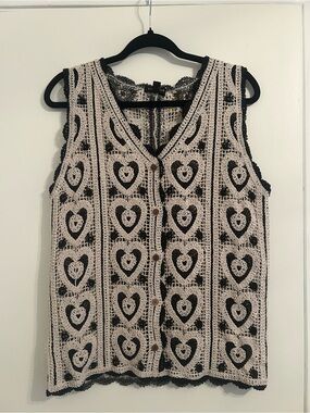 QED London Black and Beige Crochet Heart Vest